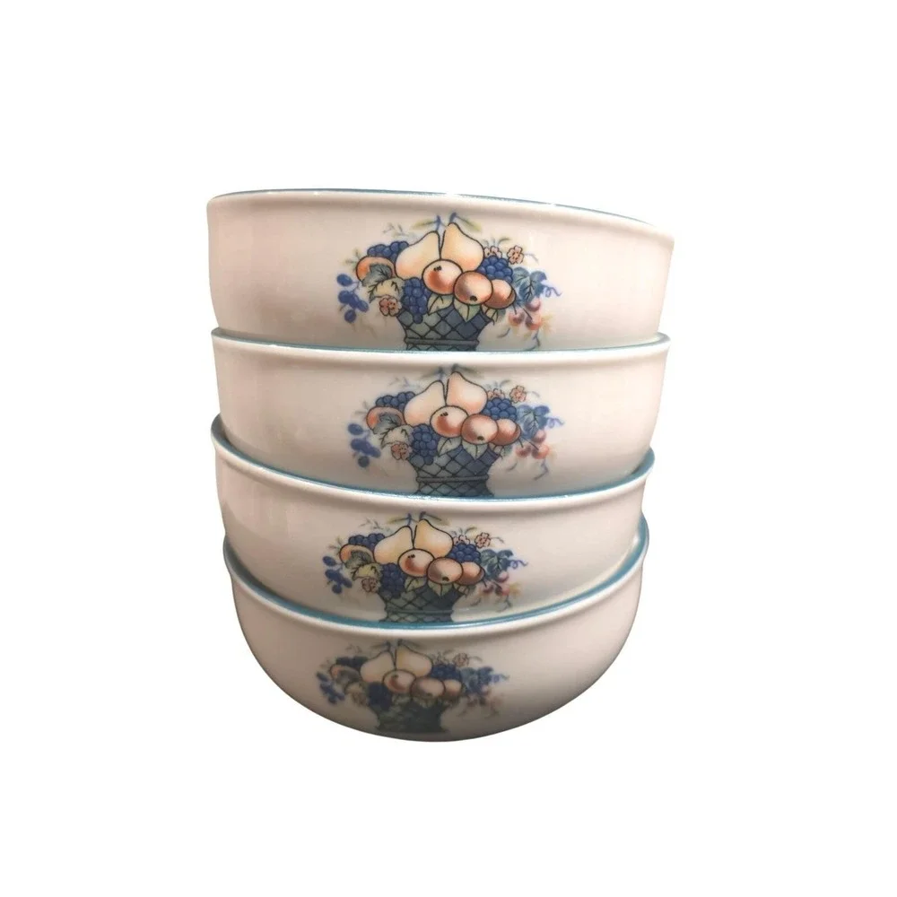 Vintage Set of 4 Napoli Hand-painted Soup Cereal Bowls Stoneware Fruit‎ Basket